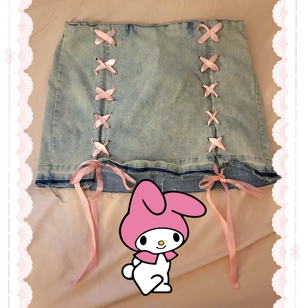 Pink Laced Denim Skirt